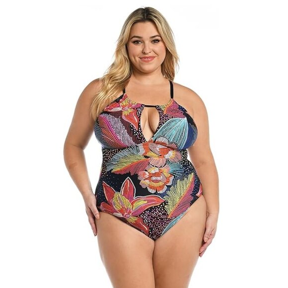 NWT La Blanca Women's High Neck Keyhole One Piece Multicolor Size 4-8 $130 9B713 - Picture 1 of 2
